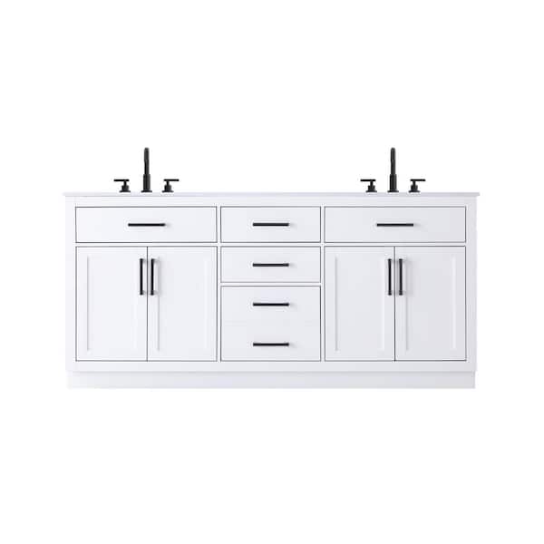 72 in. Double Sink White Bath Vanity with White Engineered Marble Top