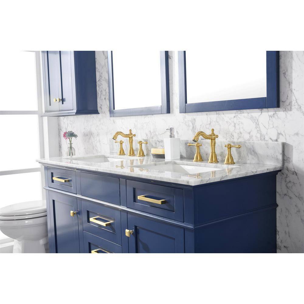 54 in. Navy Blue Double Sink Vanity with Carrara White Marble Top