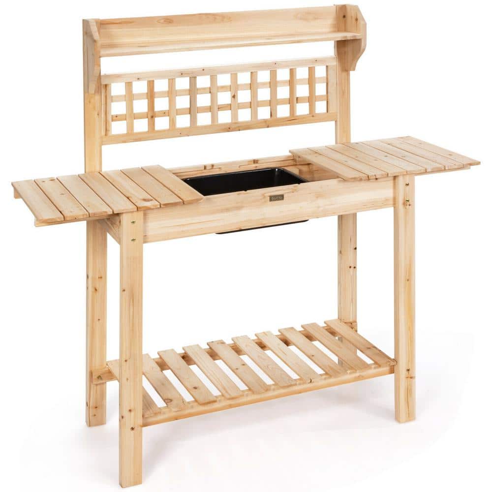 Natural Fir Wood Garden Potting Bench with Sliding Tabletop and Sink