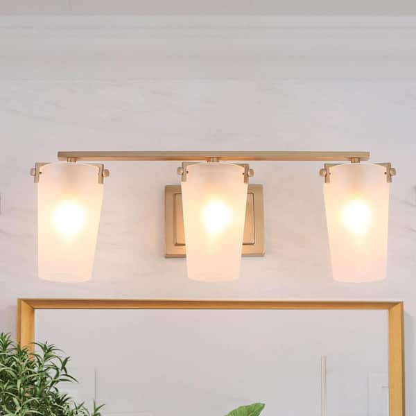 Uolfin 3-Light Farmhouse Gold Bathroom Vanity Light with Frosted Glass Shades