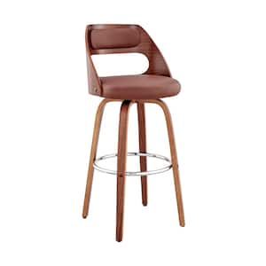 Julius 30 in. Bar Height High Back Brown Faux Leather and Walnut Wood Bar Stool