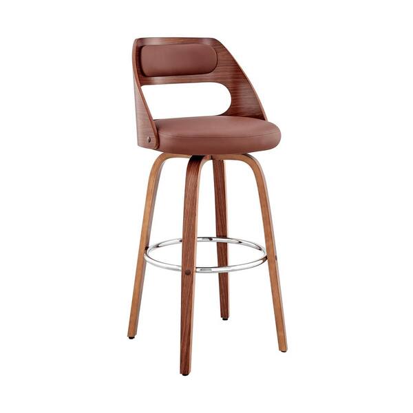 Armen Living Julius 30 in. Bar Height High Back Brown Faux Leather and Walnut Wood Bar Stool