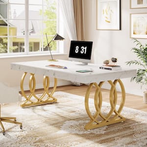 63 in. Rectangular White and Gold Wood Computer Desk, Modern Executive Desk Home Office Desk with Faux Marble Finish