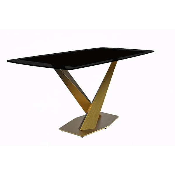 Leisuremod Voren Modern Black Glass Tabletop 71 in. Double Pedestal Base Dining Table 10-Seater in Gold Stainless Steel