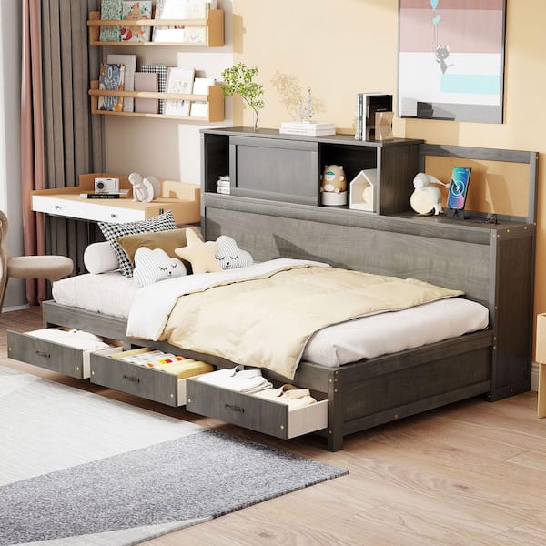 Gray Twin Size Wood Daybed with 3-Drawers, Sockets and USB Ports