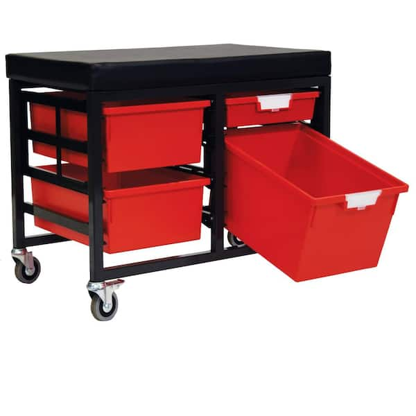 StorSystem StorBenchSeat With Cushioned Seat and 4 Storsystem Trays and Bins-Red