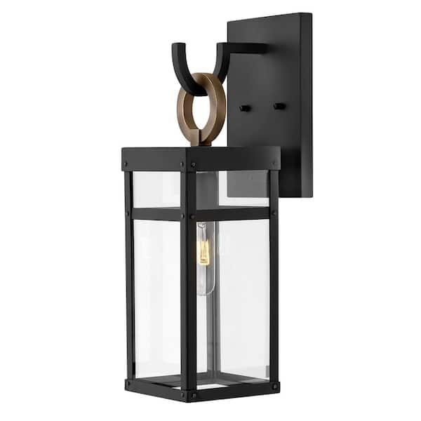 HINKLEY Hinkley Porter Small Outdoor Wall Mount Lantern + LED bulb, Black + Burnished Bronze