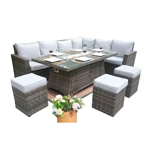 ELLE 8-Piece Wicker Patio Fire Pit Conversation Sofa Set with Gray Cushions