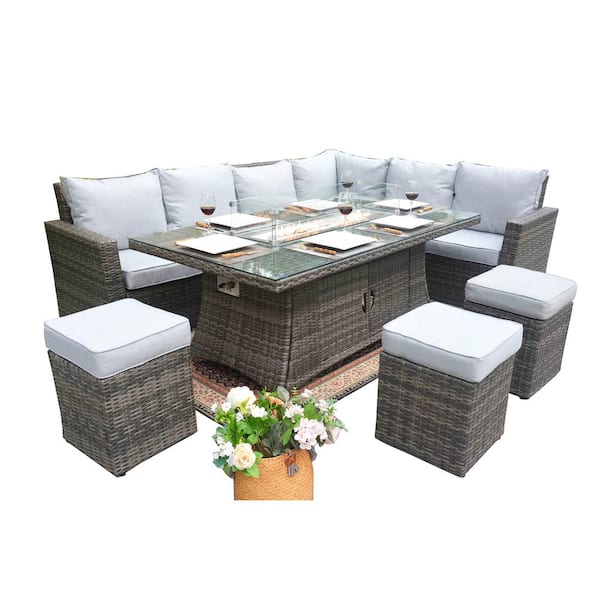 DIRECT WICKER ELLE 8-Piece Wicker Patio Fire Pit Conversation Sofa Set with Gray Cushions