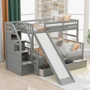 Gray Twin Over Full Bunk Bed with Drawers and Slide