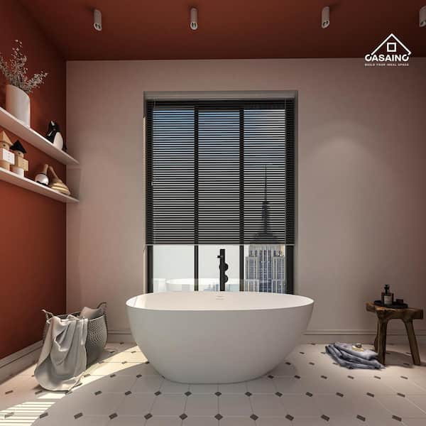 (GIFT) 59 in. x 22 in. Solid Surface Stone Resin Freestanding Soaking Bathtub in Matte White with Center Drain