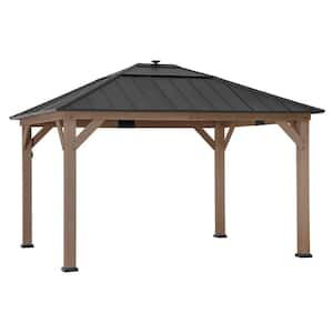 11 ft. x 13 ft. Cedar Framed Gazebo with Brown Steel and Polycarbonate Hip Roof with Solar Powered LED Lights