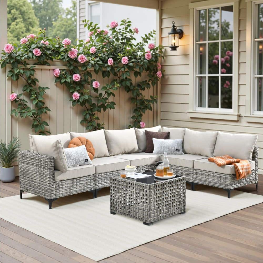 Holston 7-Piece Wicker Modern Outdoor Patio Conversation Sofa Sectional Set with a LED Table and Beige Cushions price history on PriceWatchPro