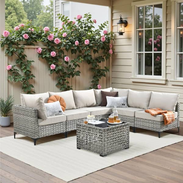 HOOOWOOO Holston 7-Piece Wicker Modern Outdoor Patio Conversation Sofa Sectional Set with a LED Table and Beige Cushions