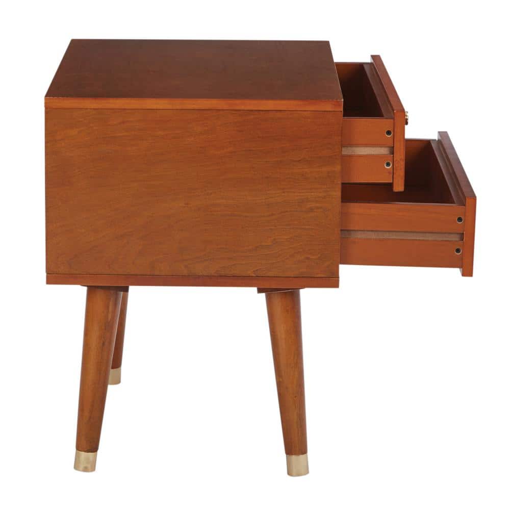 Cupertino Light Walnut Wood and Metal 2-Drawer Side Table