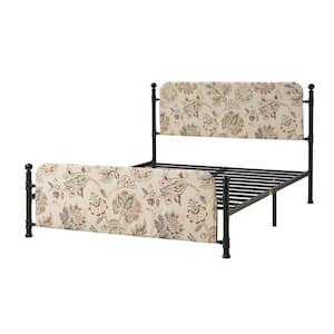 Baltazar Beige Transitional 61.75 in. Metal Frame Platform Bed with Floral Upholstered