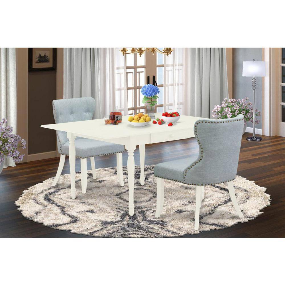 3-Piece Linen White Finish Rectangular Solid Wood Top with Dropleaf Dining Table Set