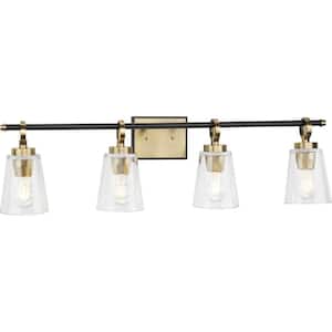 Cassell 33.87 in. 4-Light Vintage Brass and Matte Black Vanity Light with Clear Glass Shades for Bathroom