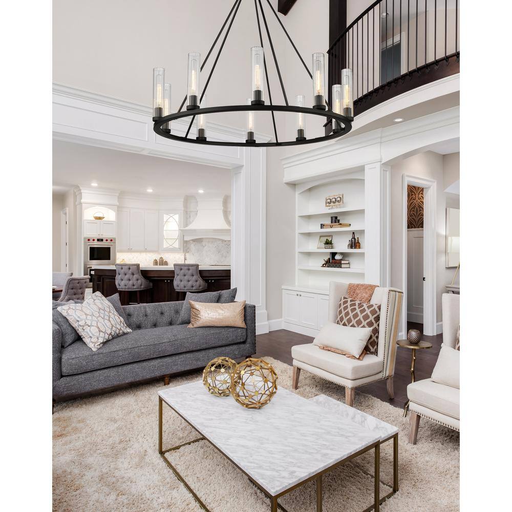 Beau Bronze 10-Light Circular Chandelier with Glass Shades