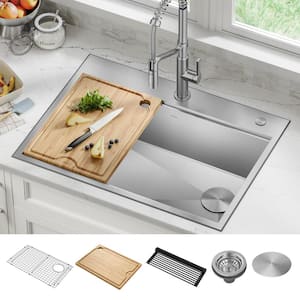 Kore 30 in. Drop-In Single Bowl 16 Gauge Stainless Steel Kitchen Workstation Bar Sink with Accessories