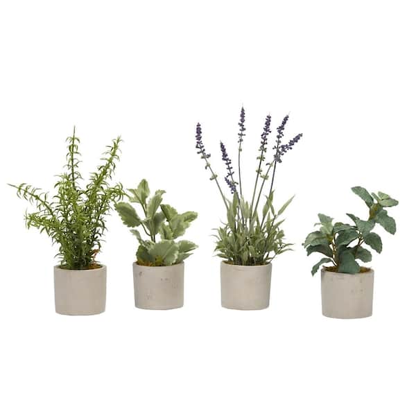 D&W Silks Artificial Indoor Basil, Rosemary, Lavender and Mint Sprays in Mini Cement Cylinder (Set of 4)