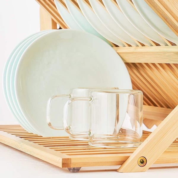 3-Tier Collapsible Bamboo Dish Drainer Rack with Utensil Holder, Plate Rack for Kitchen Counter