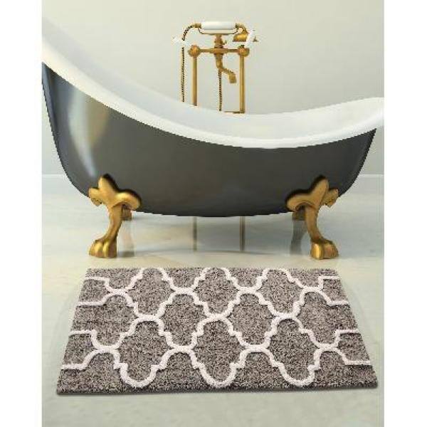 Saffron Fabs 36x24 Inch Geometric Cotton Bath Rug in Grey/White