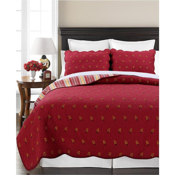 Cozy Line Home Fashions Vintage Leaf 3-Piece Red Burgundy Rose Paisley Scalloped Edge Cotton Queen Quilt Bedding Set