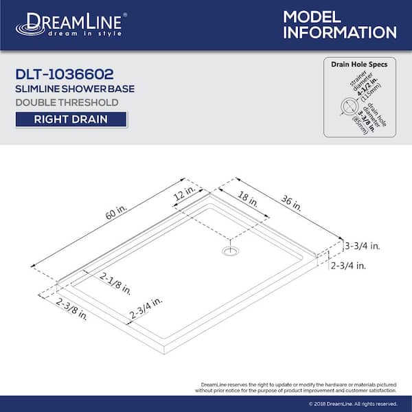 SlimLine 60 in. x 36 in. Double Threshold Shower Pan Base in White with Right Hand Drain