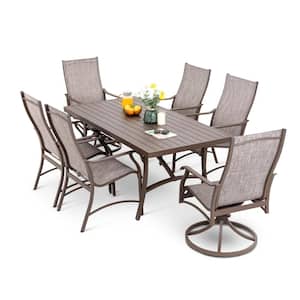Brown 7-Piece Aluminum Patio Dining Set with Umbrella Hole Rectangle Outdoor Dining Set with Swivel Dining Chairs