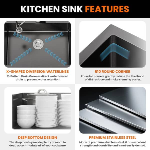27 in. x 19 in. Black Stainless Steel Single Bowl Drop-In Kitchen Sink with Drain and Hooks