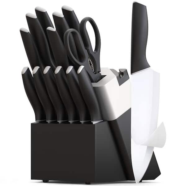 15-Piece German Stainless Steel Ceramic Coating Kitchen Knives Set with Block, Sharpener and Ergonomic Handle, Black