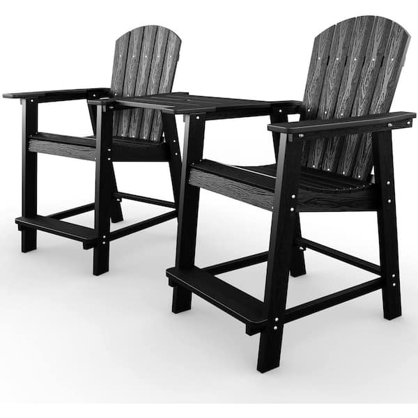 Mximu Black Plastic Adirondack Outdoor Bar Stools with Removable Connecting Table (2-Pack)