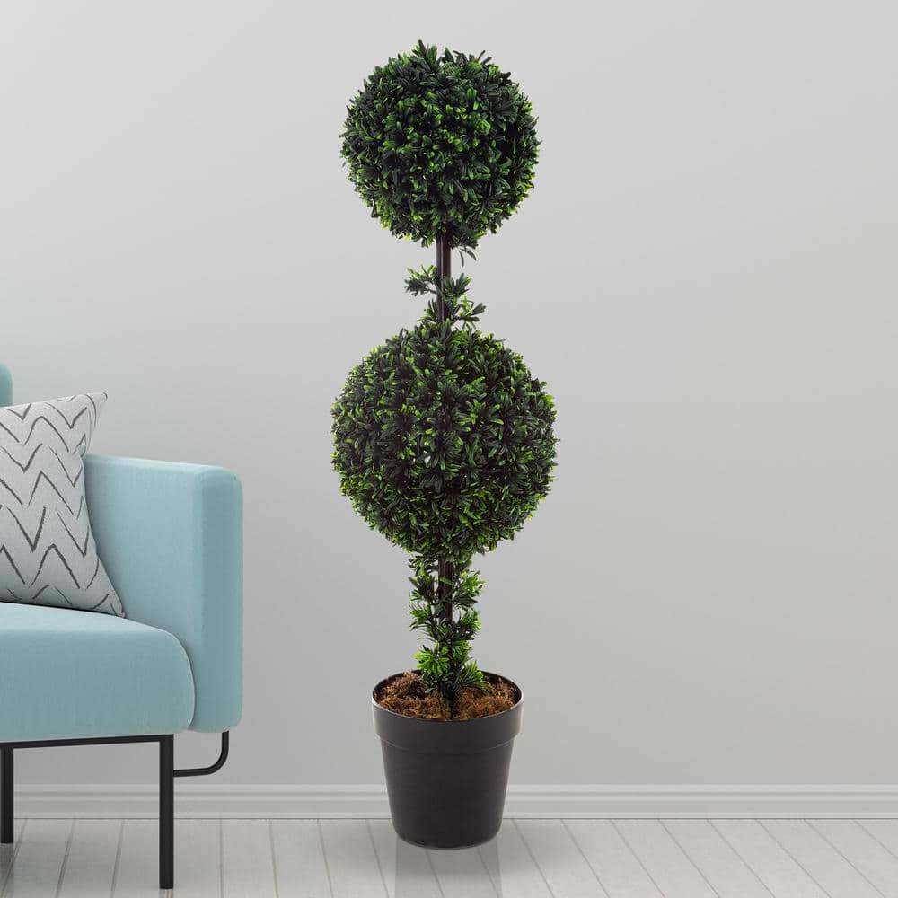 36-Inch Double Ball Podocarpus Faux Plant in Gray Plastic Pot