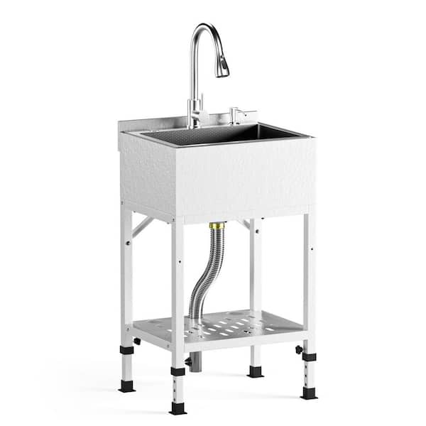 20.31 in. D x 16.54 in. W Freestanding Utility Sink in Silver with Retractable Cold and Hot Water Faucet