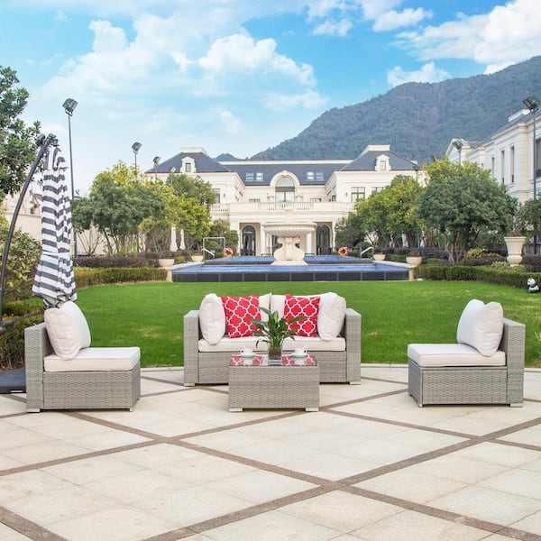 WESTIN OUTDOOR Jazzy 5-Piece Wicker Outdoor Sectional with Ivory Cushion and Pillow