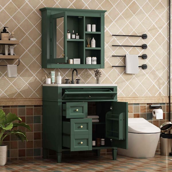 30 in. Freestanding Green Bath Vanity with White Ceramic Top, 2-Drawers and a Tip-Out Drawer