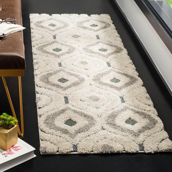 Florida Shag Cream/Light Blue 2 ft. x 7 ft. Geometric Runner Rug