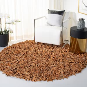 Leather Shag Light Gold 6 ft. x 6 ft. Round Solid Area Rug