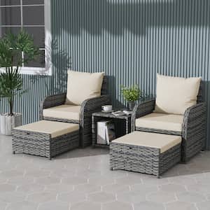 Gray 5-Piece Outdoor Dining Chair Rattan Wicker Patio Conversation Sofa Ottoman and Table Set with Beige Cushions