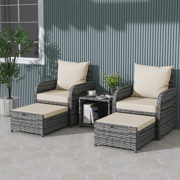 Uixe Gray 5-Piece Outdoor Dining Chair Rattan Wicker Patio Conversation Sofa Ottoman and Table Set with Beige Cushions