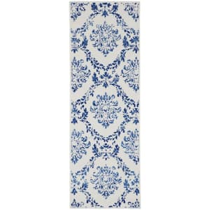 Whimsicle Ivory Navy 2 ft. x 8 ft. Floral French Country Contemporary Kitchen Runner Area Rug