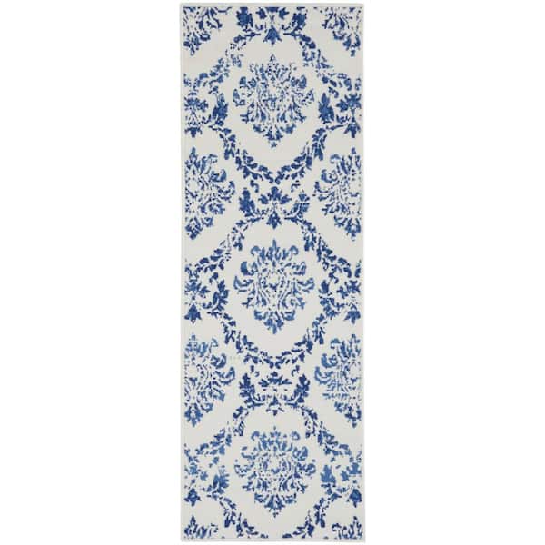 Nourison Whimsicle Ivory Navy 2 ft. x 8 ft. Floral French Country Contemporary Kitchen Runner Area Rug
