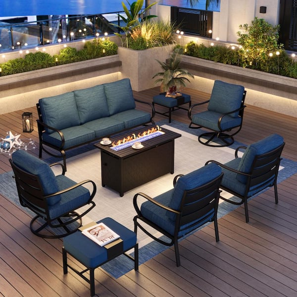 PHI VILLA Metal 9 Seat 8-Piece Outdoor Patio Conversation Set with Peacock Blue Cushions Swivel Chairs Rectangular Fire Pit Table