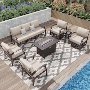 7-Piece Aluminum Patio Conversation Set with Armrest, Propane Fire Pit Table, Swivel Rocking Chairs and Cushion Sand