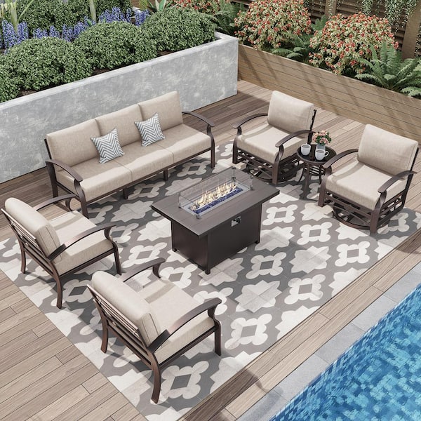 Halmuz 7-Piece Aluminum Patio Conversation Set with Armrest, Propane Fire Pit Table, Swivel Rocking Chairs and Cushion Sand