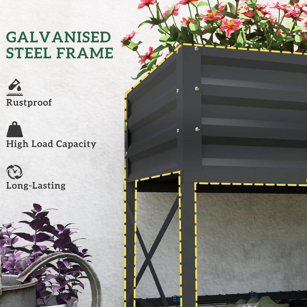 Gray Galvanized Metal Raised Garden Bed with Storage Shelf