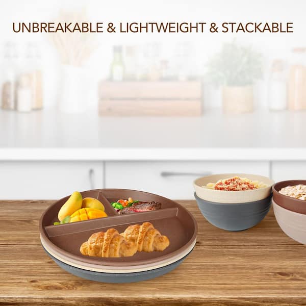 Numhew 4 PCS 9 in. Earth Tone Unbreakable Divided Plates for Kids