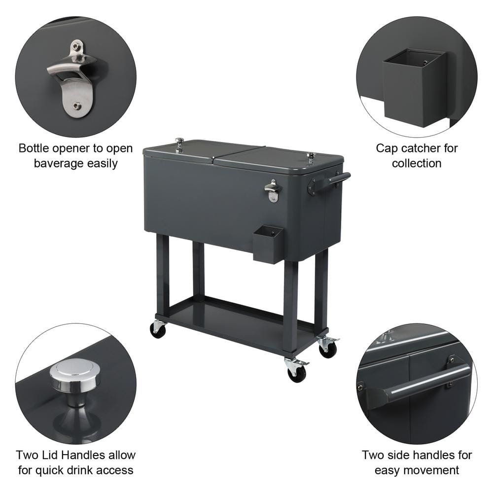 80QT Dark Grey Metal Rolling Chest Cooler with Detached Lid