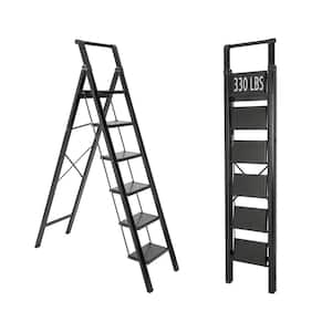 6.5 Reach, 6-step Folding Aluminum ladder 330 lbs. Load Capacity with handrails suitable for home, kitchen, black